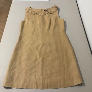 Adrienne Vittadini 100%Linen Sheath Dress Tan Size 4 Ruffle Neck Sleeveless Work